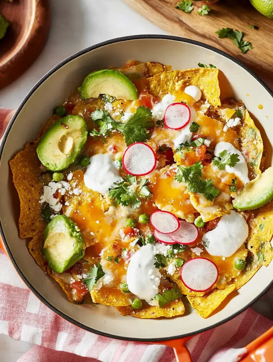 A bowl of nachos topped with melted cheese, avocado slices, radish, cilantro, green peas, and drizzles of sour cream.