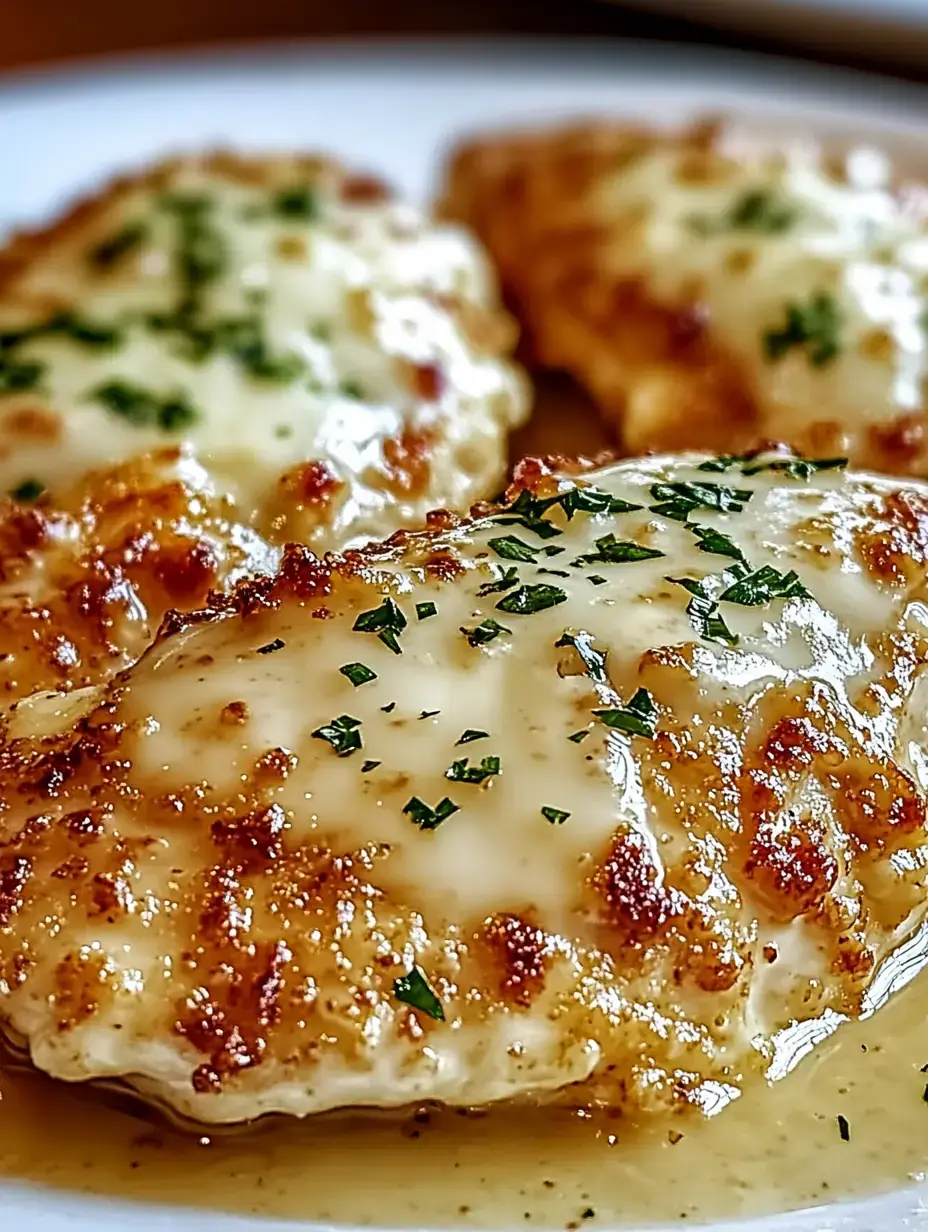 A close-up of three golden-brown, cheesy chicken fillets garnished with parsley on a white plate.