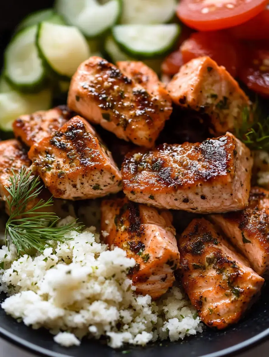 A plate featuring grilled salmon pieces alongside a serving of cauliflower rice, garnished with fresh dill and accompanied by slices of cucumber and tomatoes.