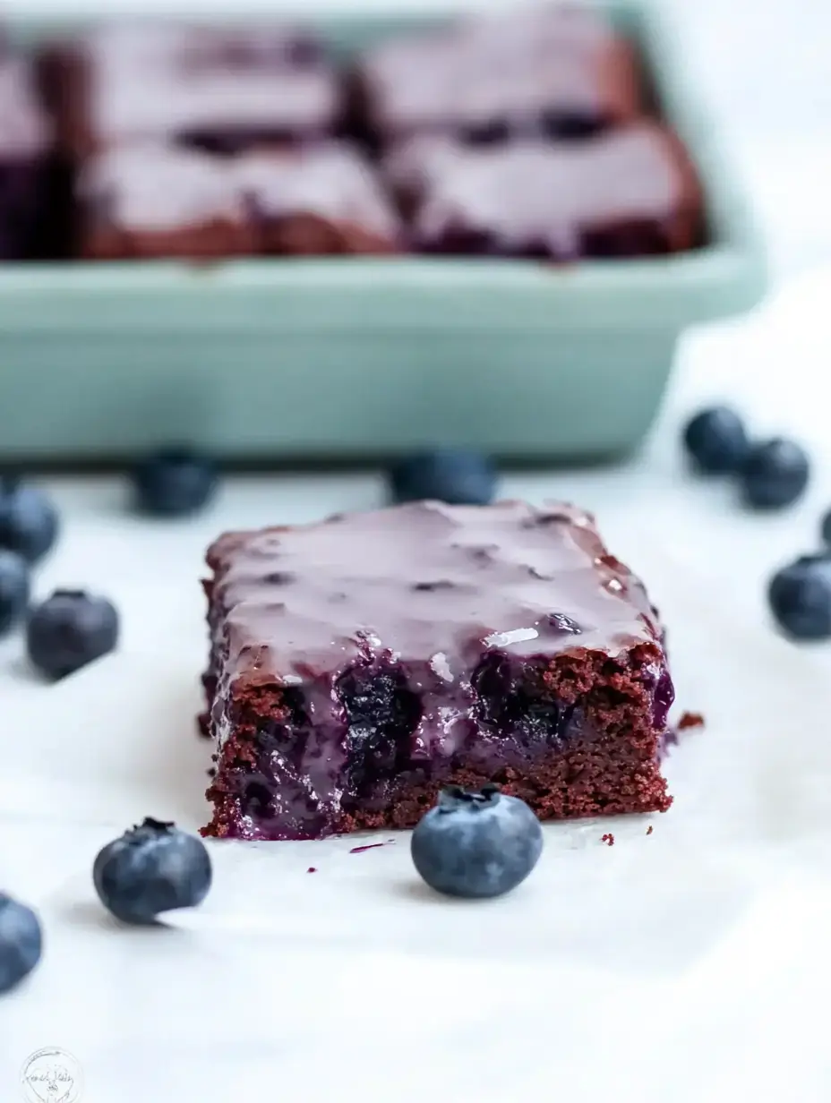 A close-up of a chocolate blueberry dessert topped with a glossy blueberry glaze, surrounded by fresh blueberries on a white surface.