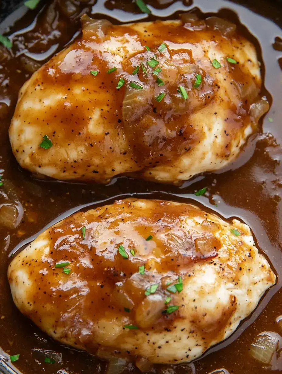 Two pieces of chicken are topped with a rich, brown gravy and garnished with chopped parsley, sitting in a dark sauce.