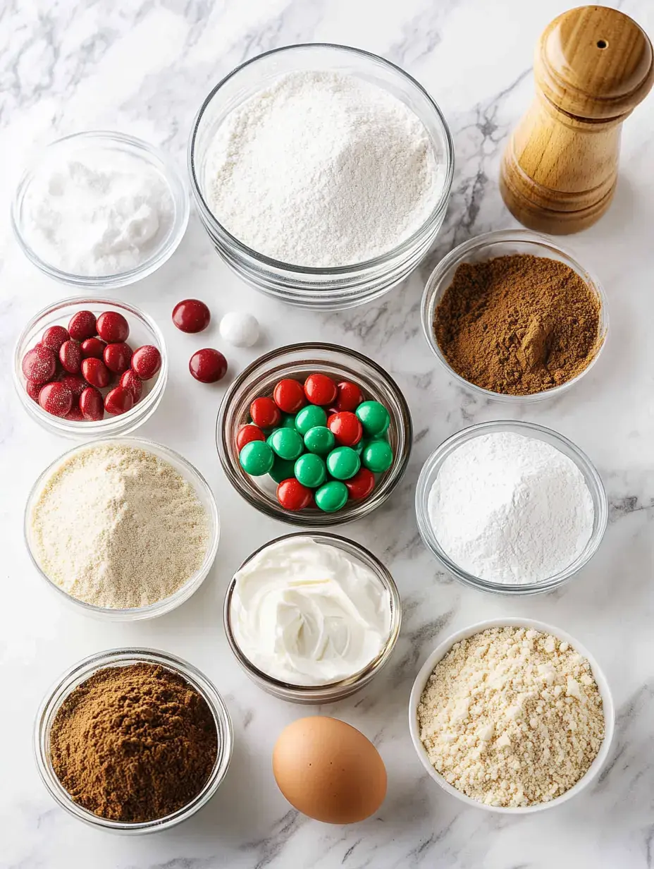 An assortment of baking ingredients including various types of flour, sugars, cocoa powder, colorful candies, an egg, and sour cream, arranged in glass bowls on a marble surface.