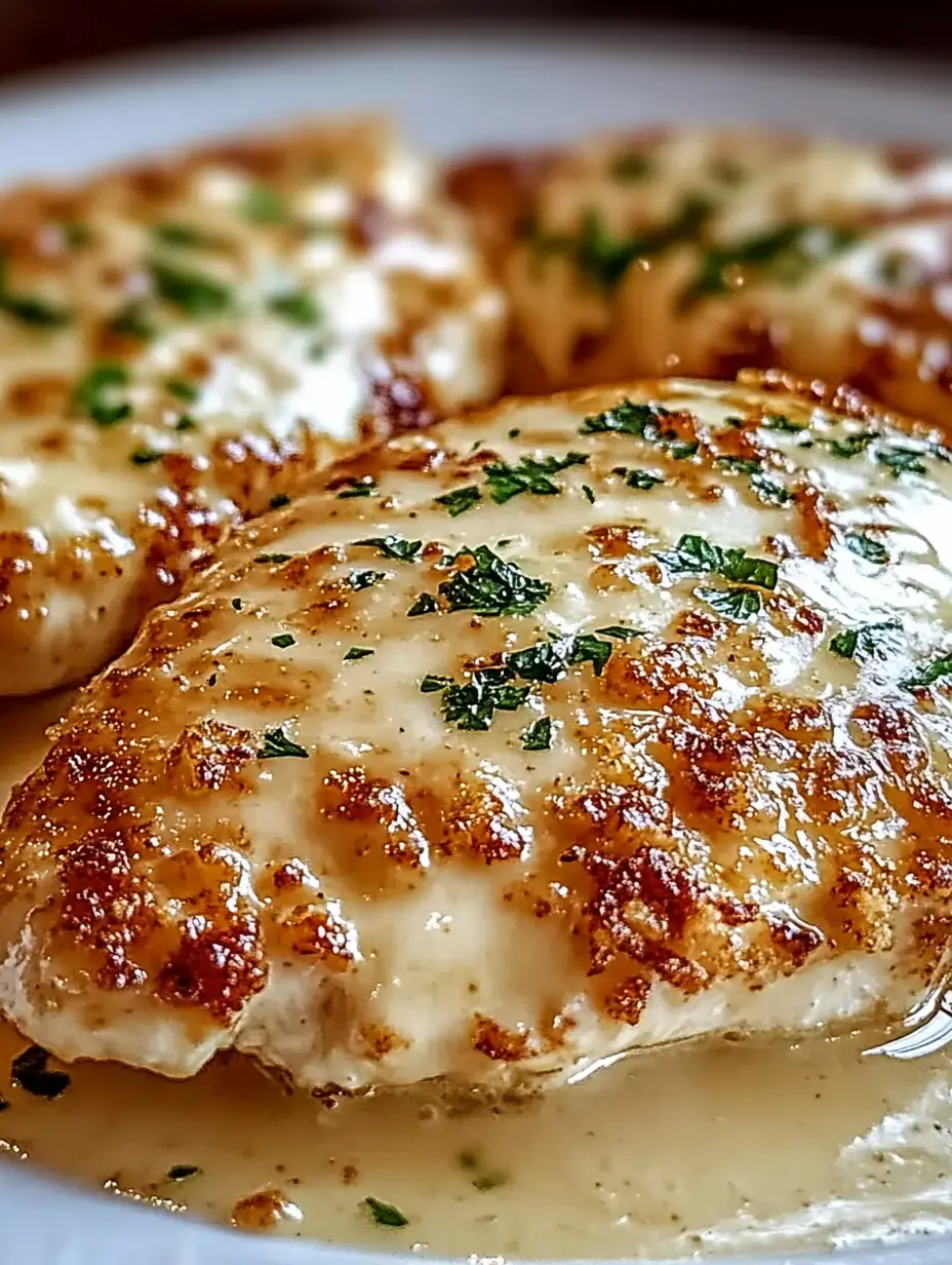 A close-up of lightly browned fish fillets topped with green herbs, served in a creamy sauce.