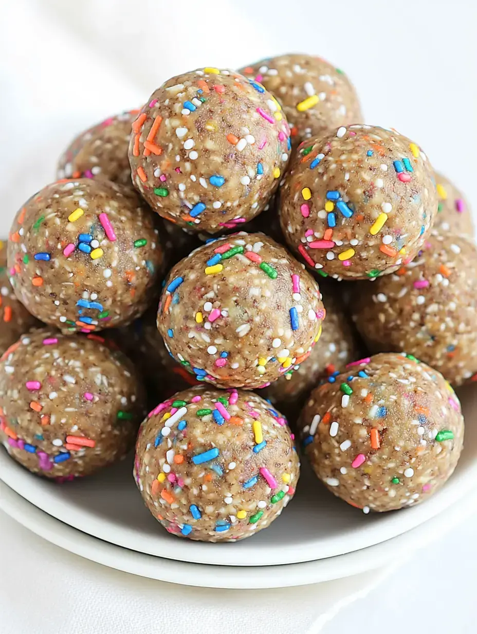 A close-up of colorful energy balls covered in sprinkles, piled high on a white plate.