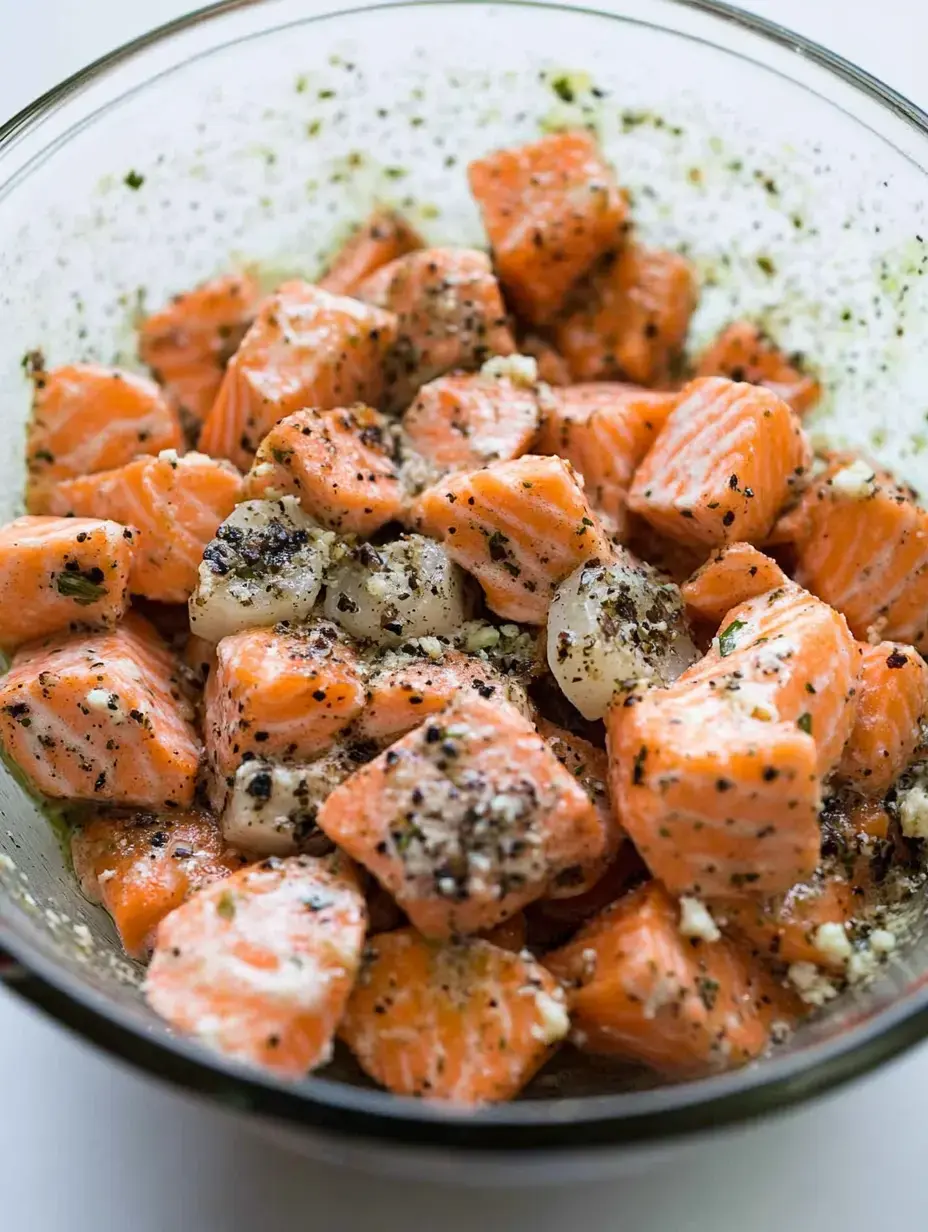 A glass bowl filled with seasoned cubed salmon, displaying a mix of orange and white pieces coated in spices and herbs.