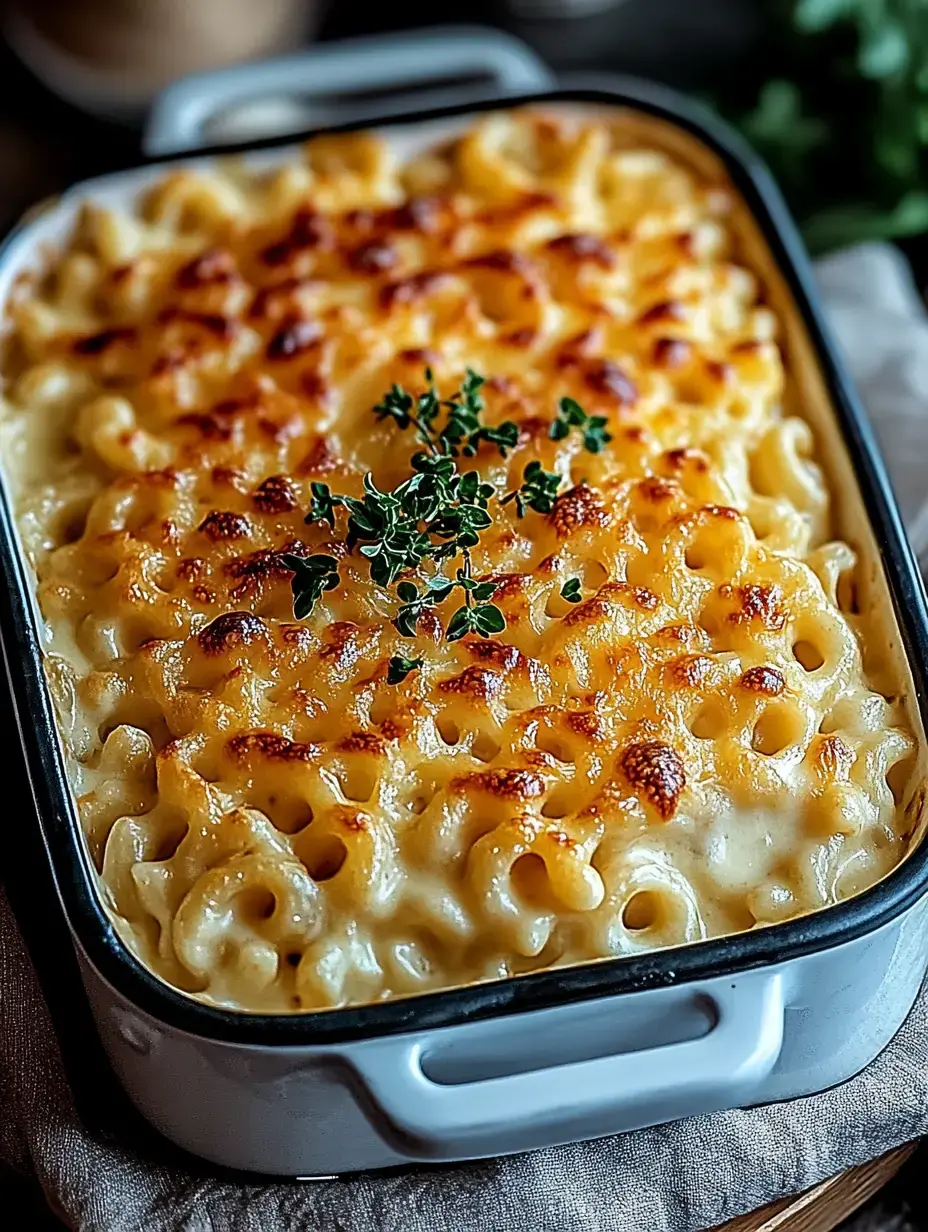 A baked macaroni and cheese dish with a golden, crispy top and garnished with fresh thyme.