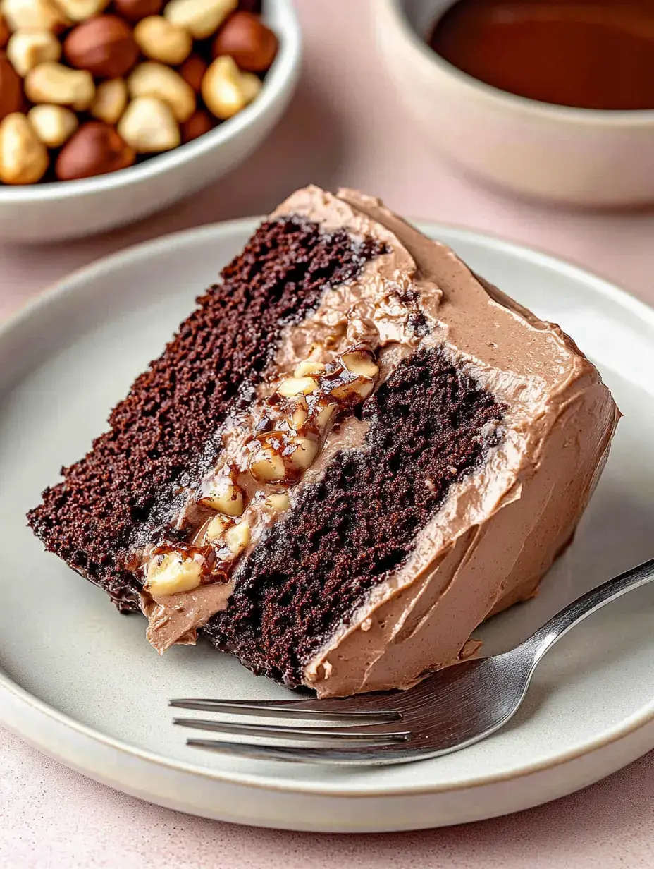 A slice of chocolate cake layered with a glossy chocolate frosting and a nut filling, placed on a light-colored plate next to a fork and a bowl of mixed nuts.