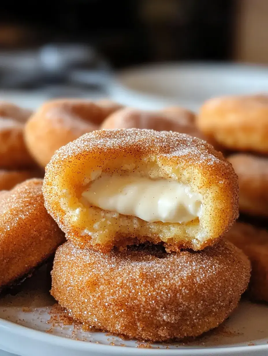 A close-up of a sugar-coated donut with a creamy filling, partially bitten, surrounded by several whole donuts on a plate.