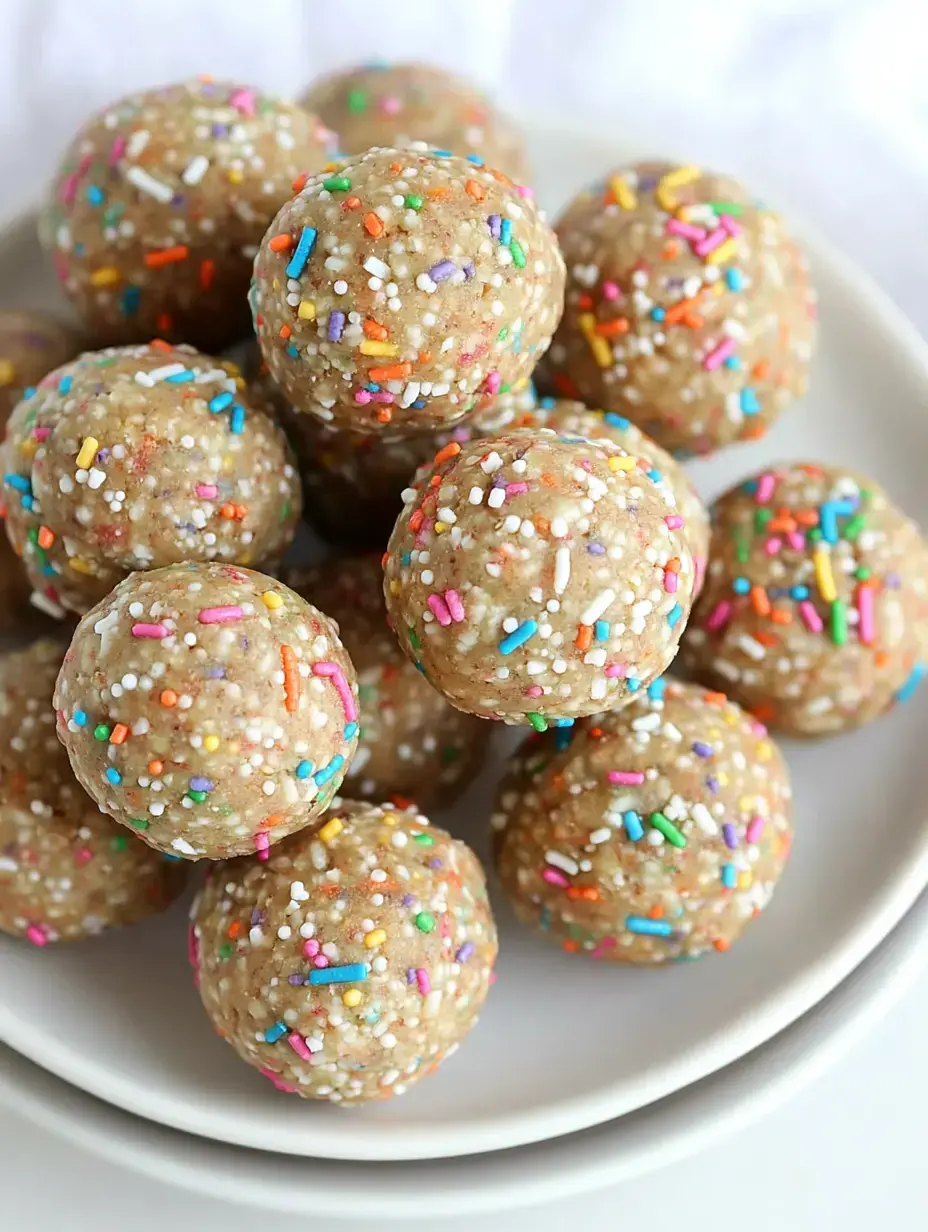 A close-up of a stack of colorful snack balls coated in multi-colored sprinkles on a white plate.