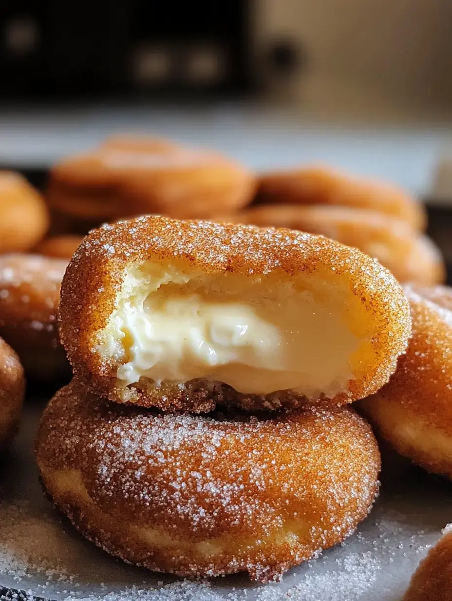 A close-up of a sugared donut cut in half, revealing a creamy filling inside, with more donuts in the background.