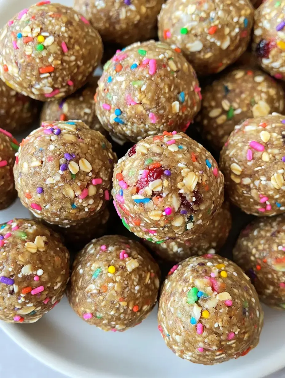 A close-up image of a pile of energy balls coated with colorful sprinkles and oats.