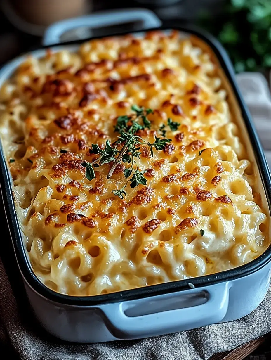 A creamy baked macaroni and cheese dish with a golden, crispy top and garnished with fresh thyme.