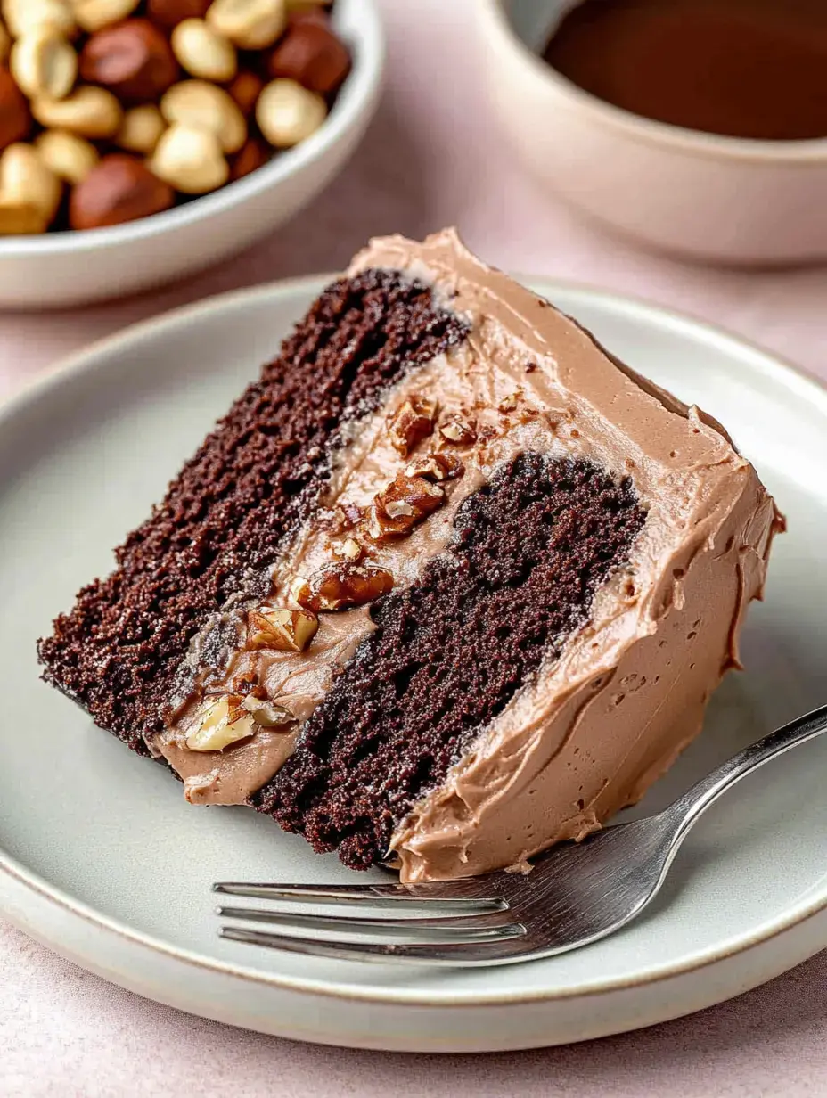 A slice of chocolate cake with chocolate frosting and nuts sits on a light plate, accompanied by a bowl of mixed nuts and a small cup of chocolate sauce.