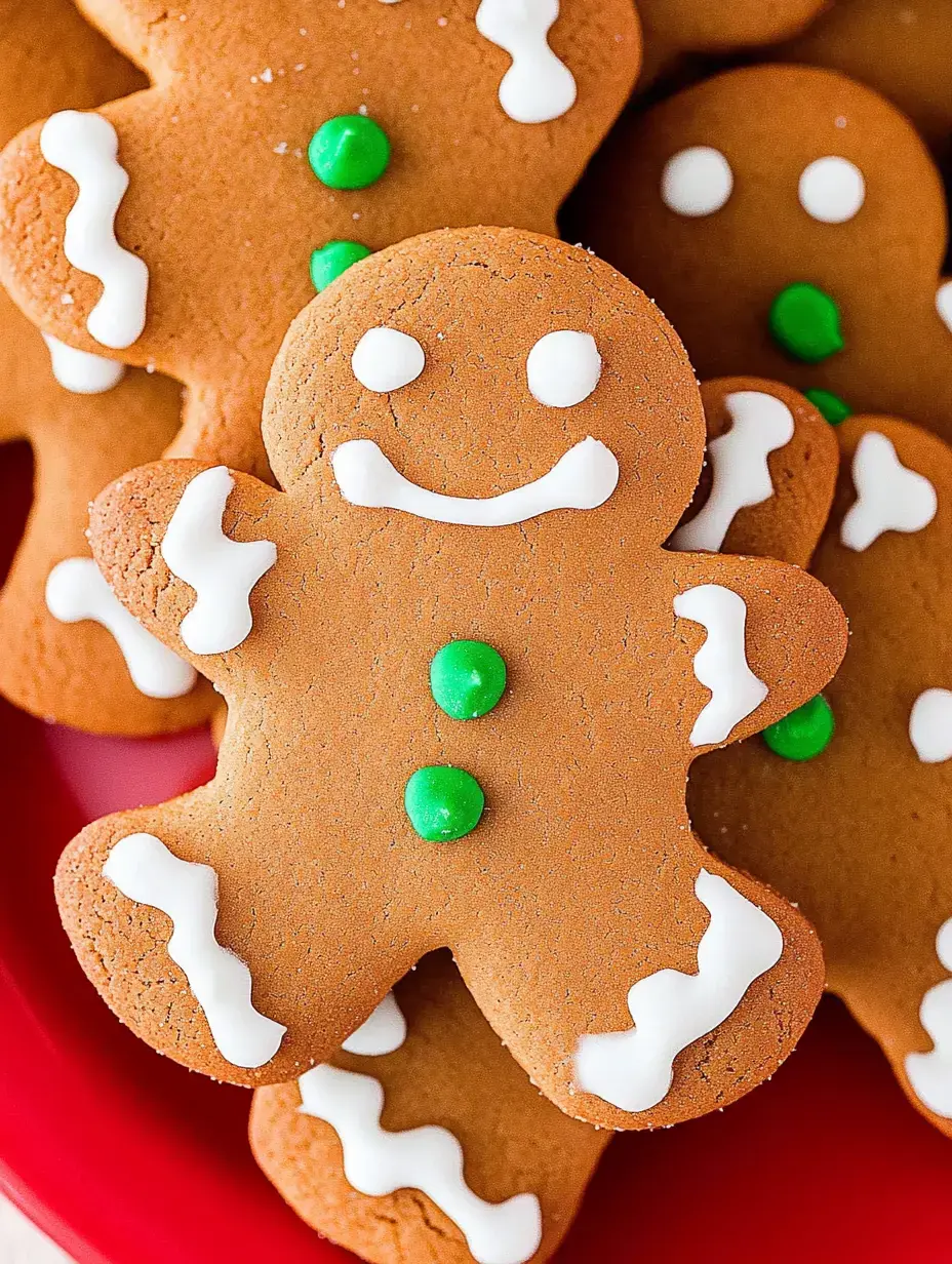 A close-up of decorated gingerbread cookies shaped like little men, featuring white icing and green candy buttons.