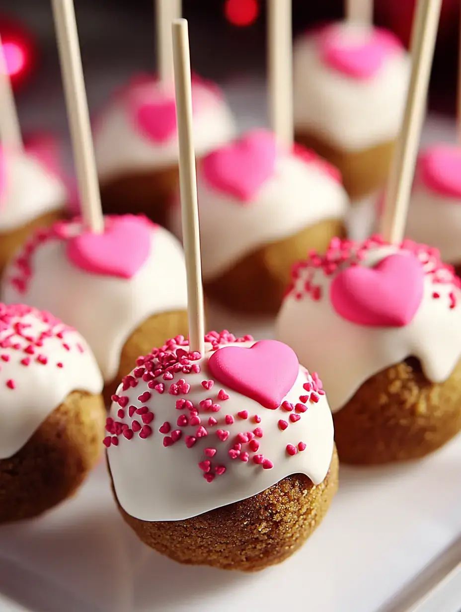 A close-up of cake pops covered in white icing, decorated with pink heart-shaped sprinkles and topped with small pink hearts on sticks.