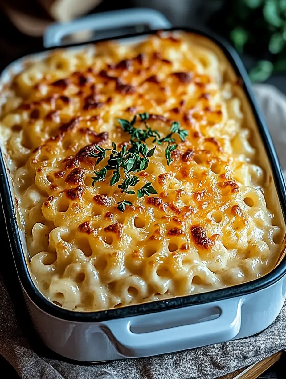 A baked dish of macaroni and cheese topped with a golden-brown crust and garnished with fresh thyme.