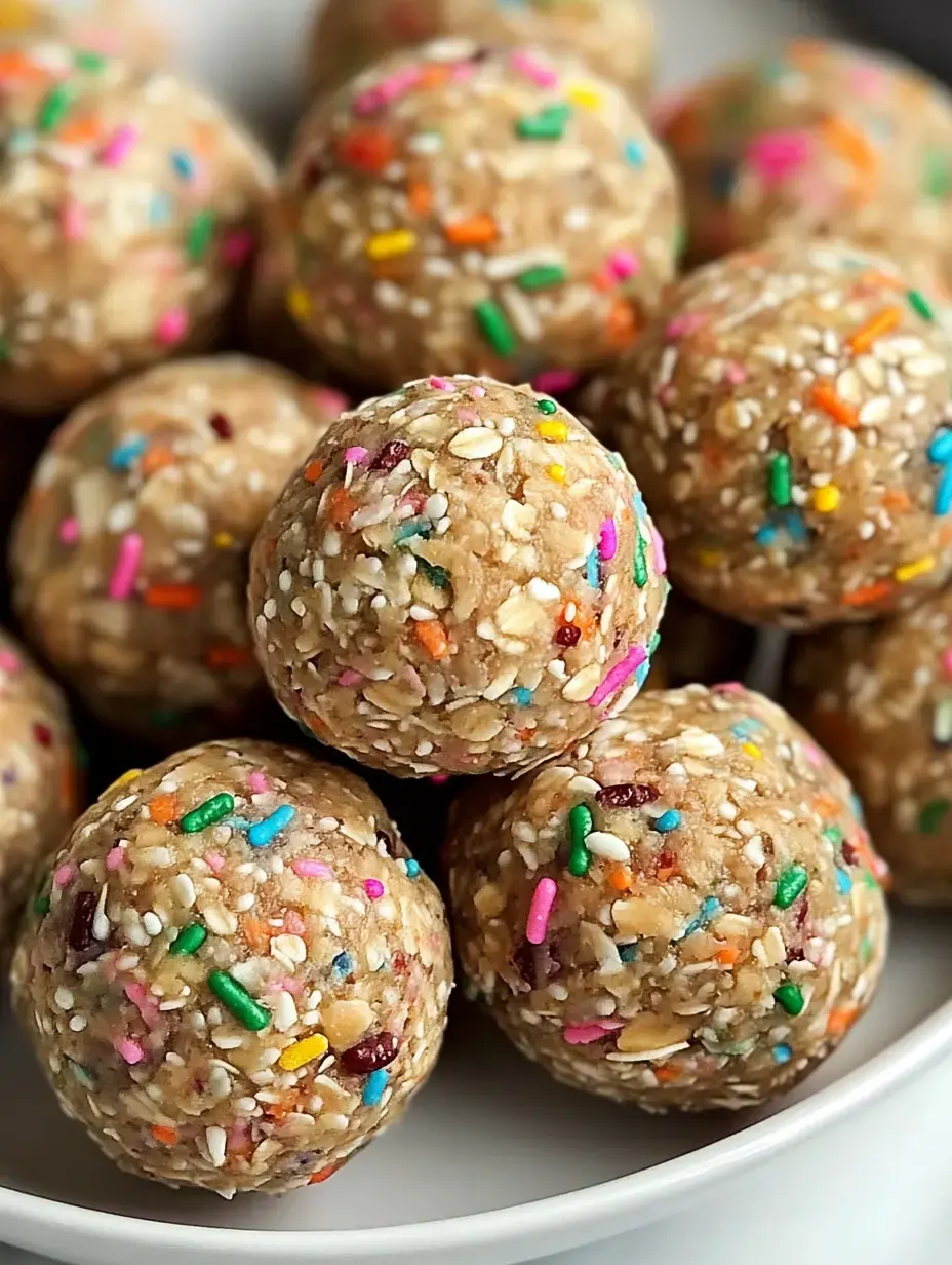 A close-up image of a plate filled with colorful, speckled energy balls made from oats and sprinkles.