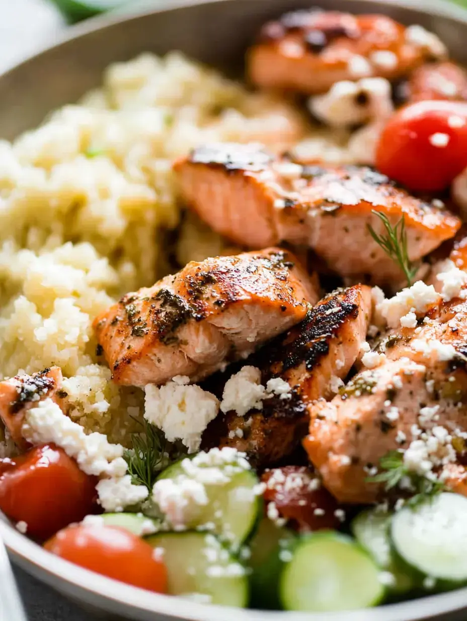 A bowl of grilled salmon served with rice, cherry tomatoes, cucumbers, and crumbled feta cheese.