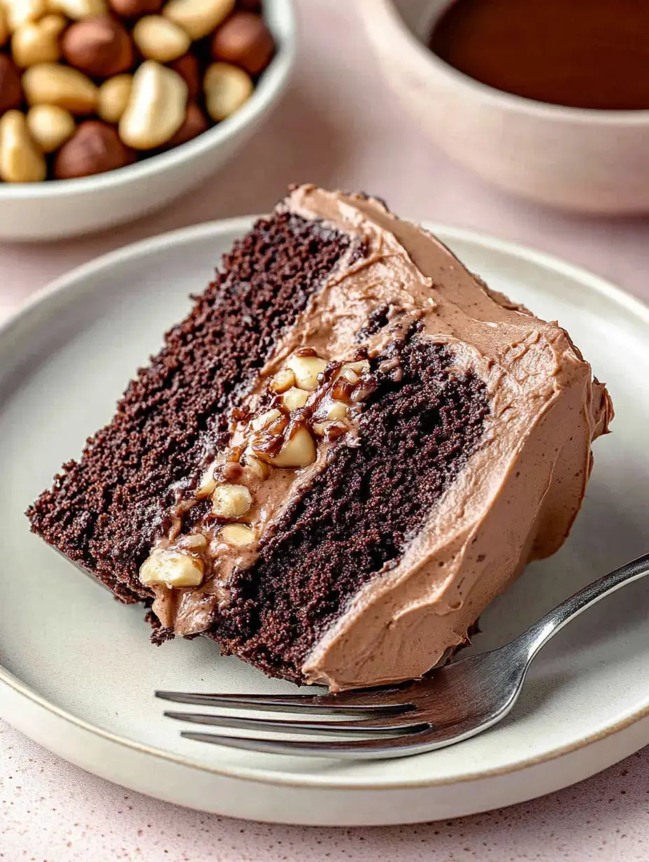 A slice of chocolate cake with creamy frosting and a nut filling is served on a plate beside a bowl of mixed nuts.