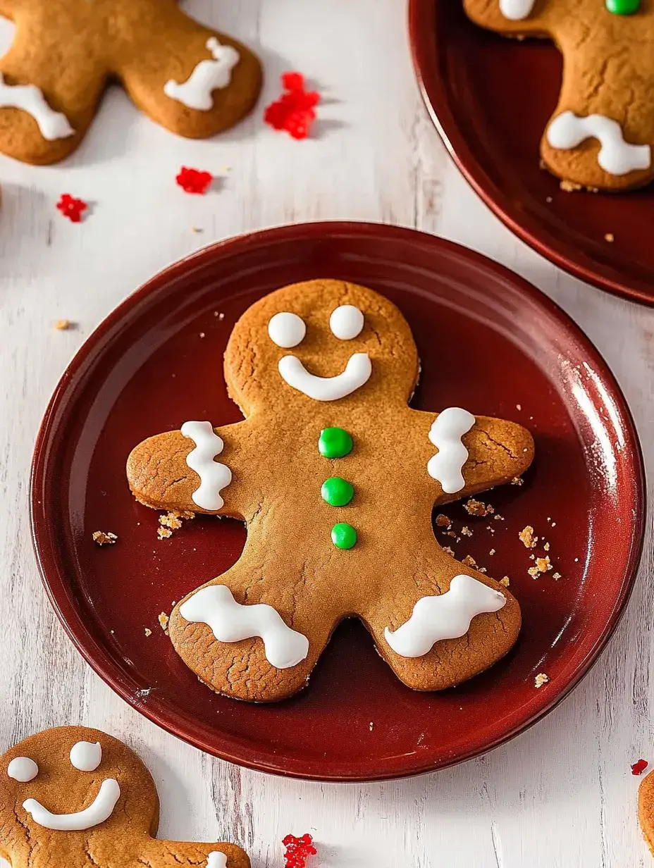 A close-up of a decorated gingerbread man cookie with white icing and green candy, placed on a red plate surrounded by festive decorations.