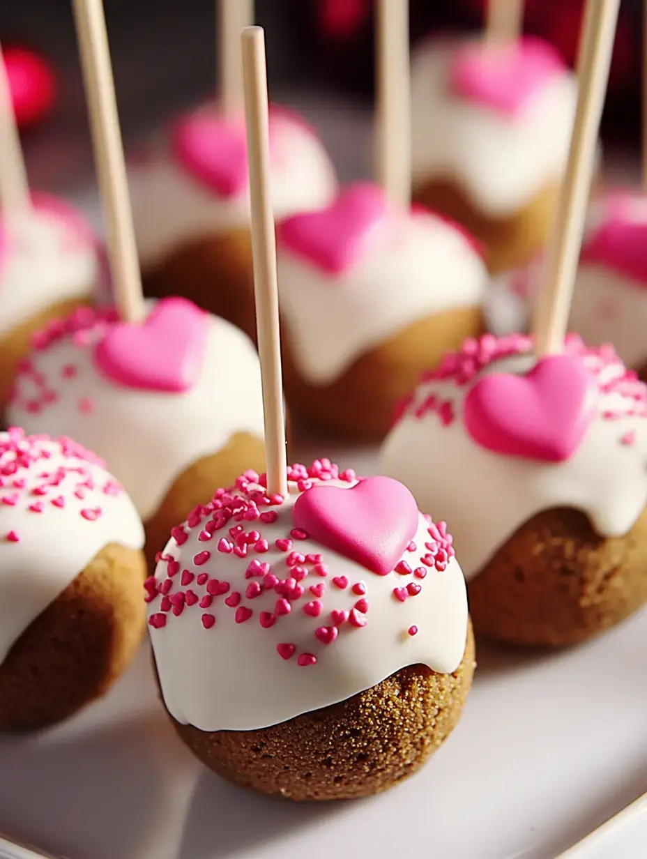 A platter of cake pops coated in white chocolate, topped with pink heart-shaped candies and sprinkles.