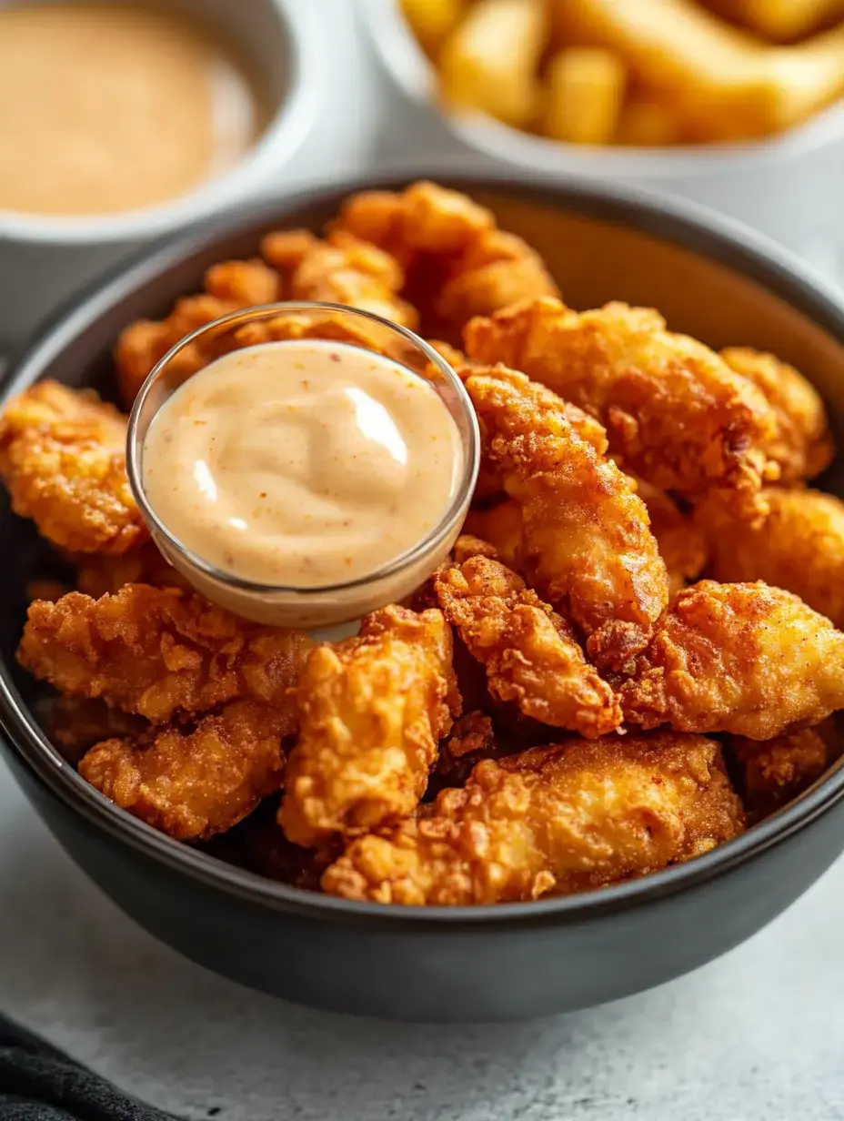 A bowl of crispy fried chicken pieces served with a small glass of dipping sauce.