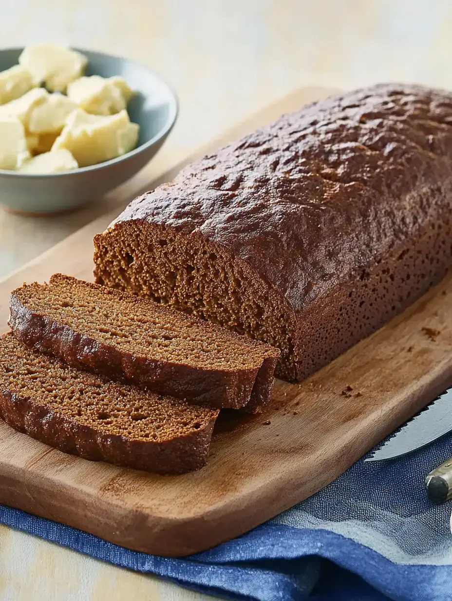 A loaf of dark, sliced bread sits on a wooden cutting board next to a bowl of butter cubes.