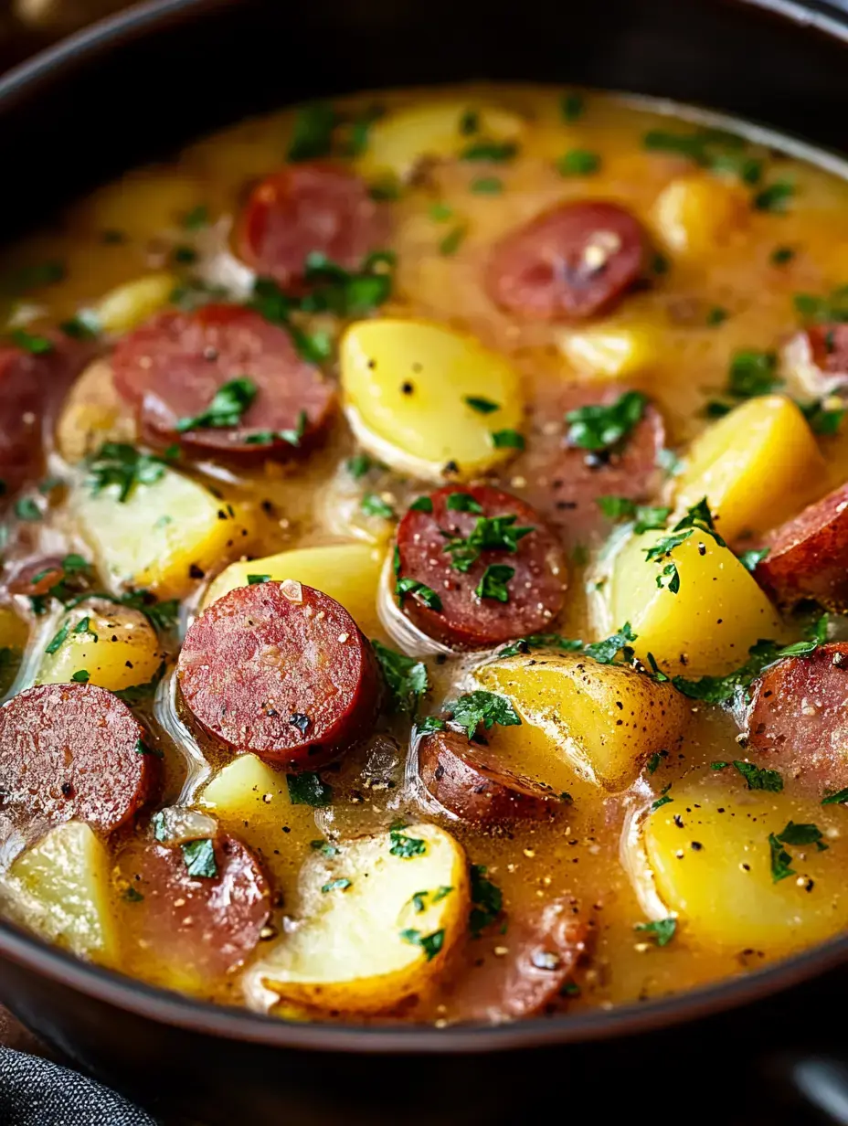 A close-up of a hearty soup featuring slices of sausage, diced potatoes, and fresh parsley in a savory broth.