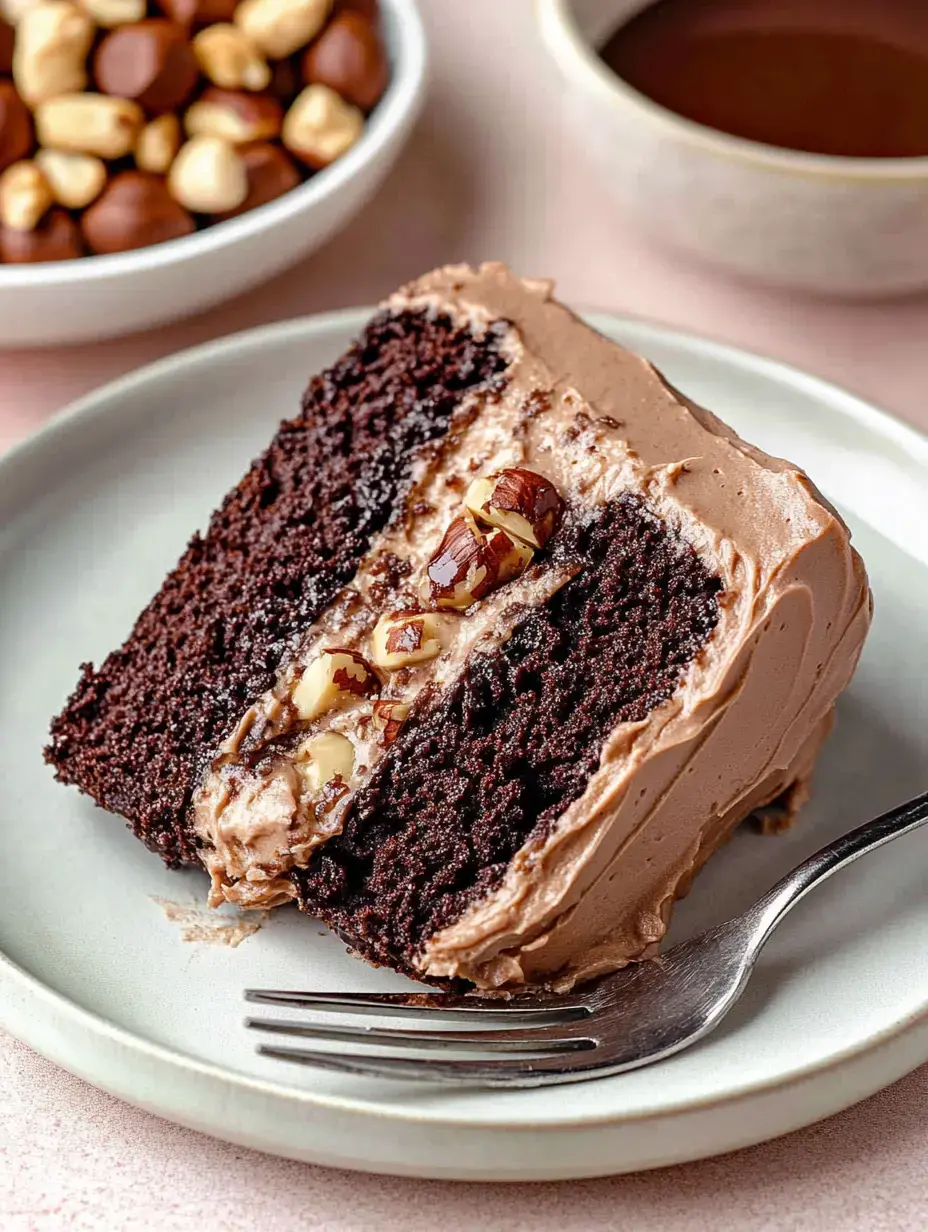 A slice of chocolate cake with a creamy filling and nuts is placed on a light plate alongside a fork and a bowl of assorted nuts.