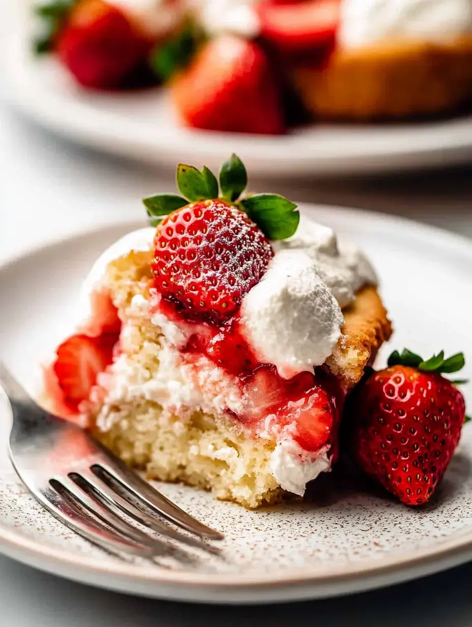 A slice of cake topped with whipped cream, strawberries, and strawberry sauce is served on a plate with a fork alongside a whole strawberry.