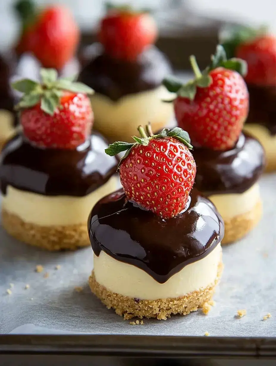 Mini cheesecakes topped with chocolate glaze and fresh strawberries are displayed on a tray.