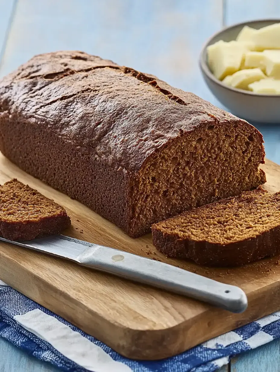 A freshly baked loaf of brown bread is sliced on a wooden cutting board, accompanied by a small bowl of chopped cheese.