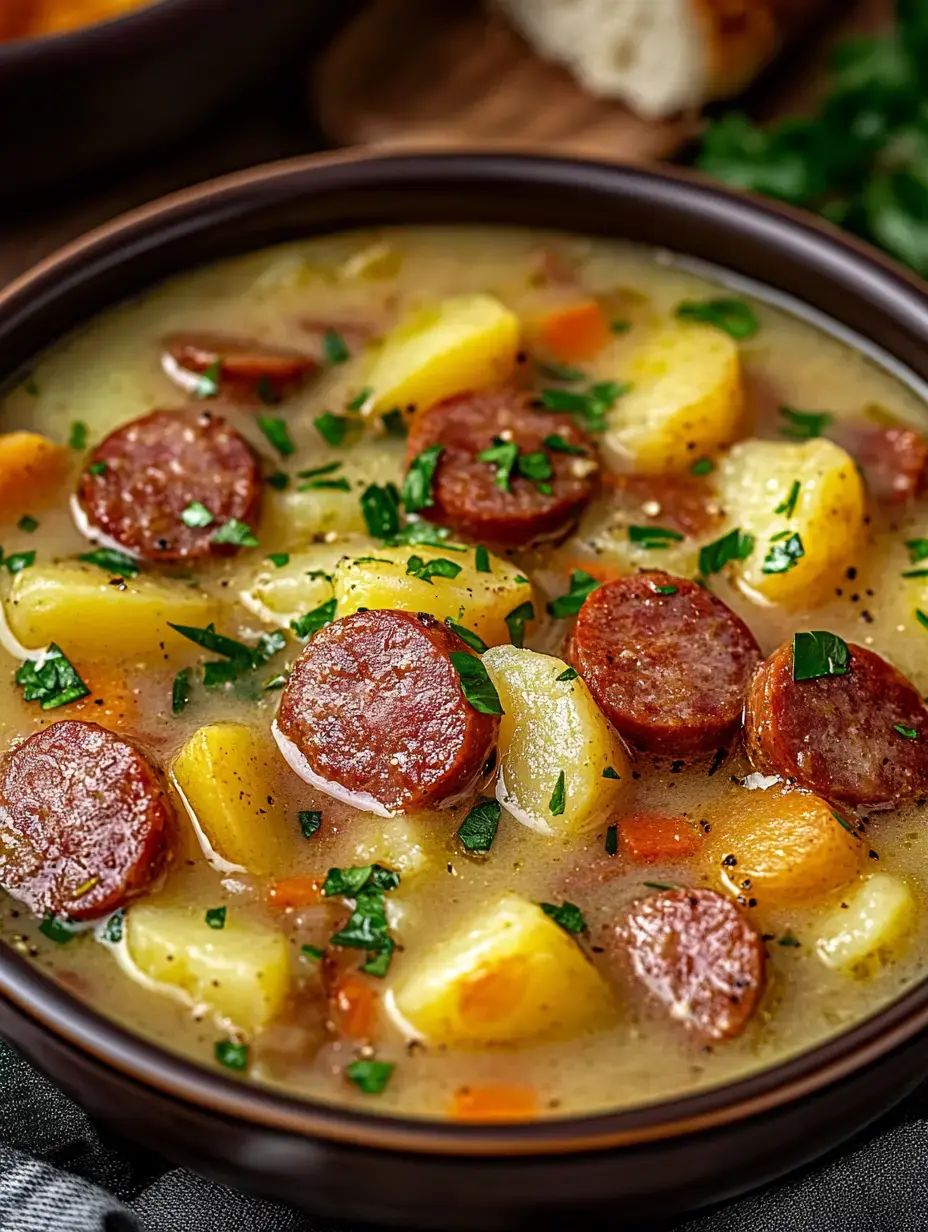 A close-up of a bowl of hearty soup containing sliced sausage, potatoes, and herbs.