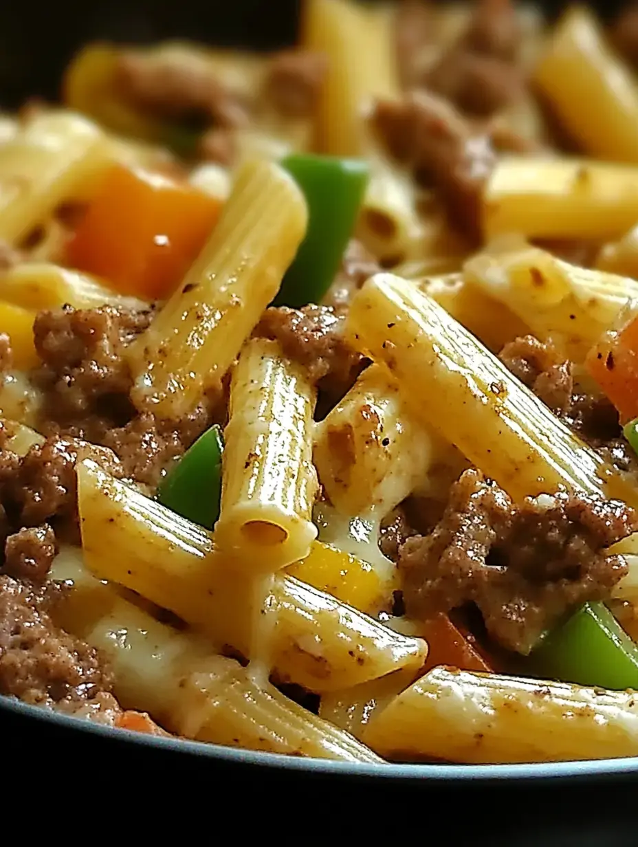 A close-up of a pasta dish featuring rigatoni mixed with ground beef and colorful bell peppers.