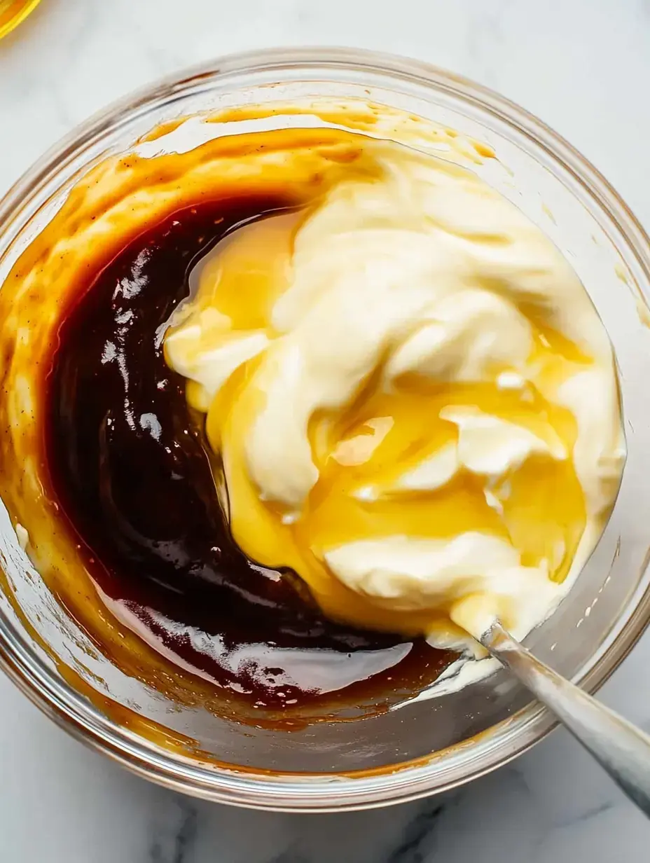 A glass bowl contains a mixture of creamy white, yellow, and dark brown ingredients with a spoon stirring them together.