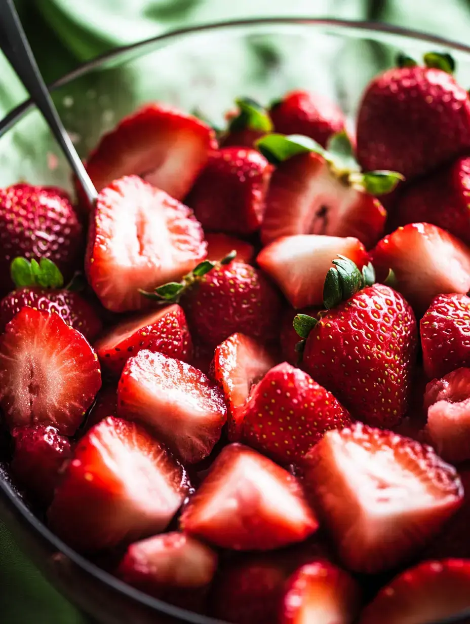 A close-up of a bowl filled with fresh, cut strawberries, showcasing their vibrant red color and green leaves.