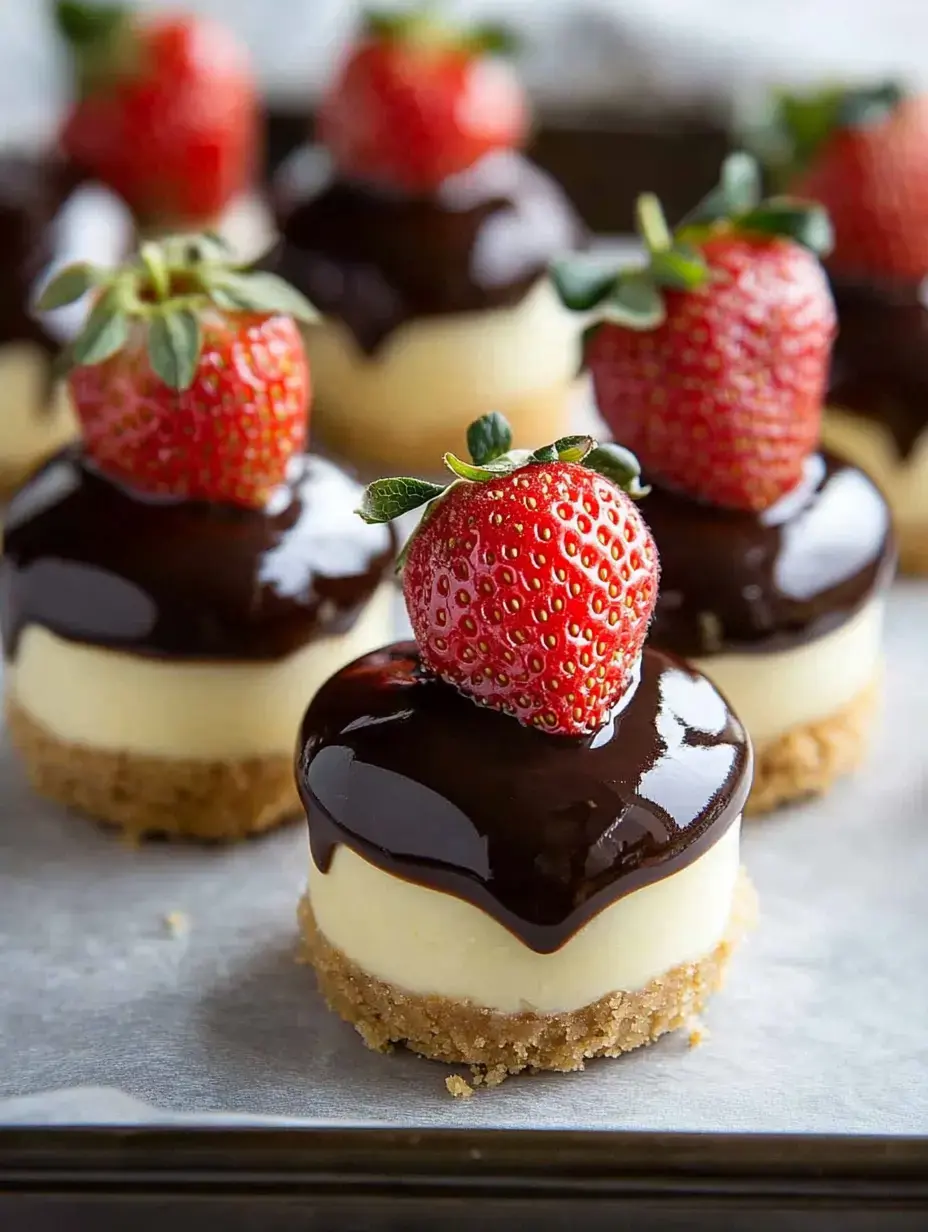 A close-up of mini cheesecakes topped with chocolate glaze and fresh strawberries on a baking tray.