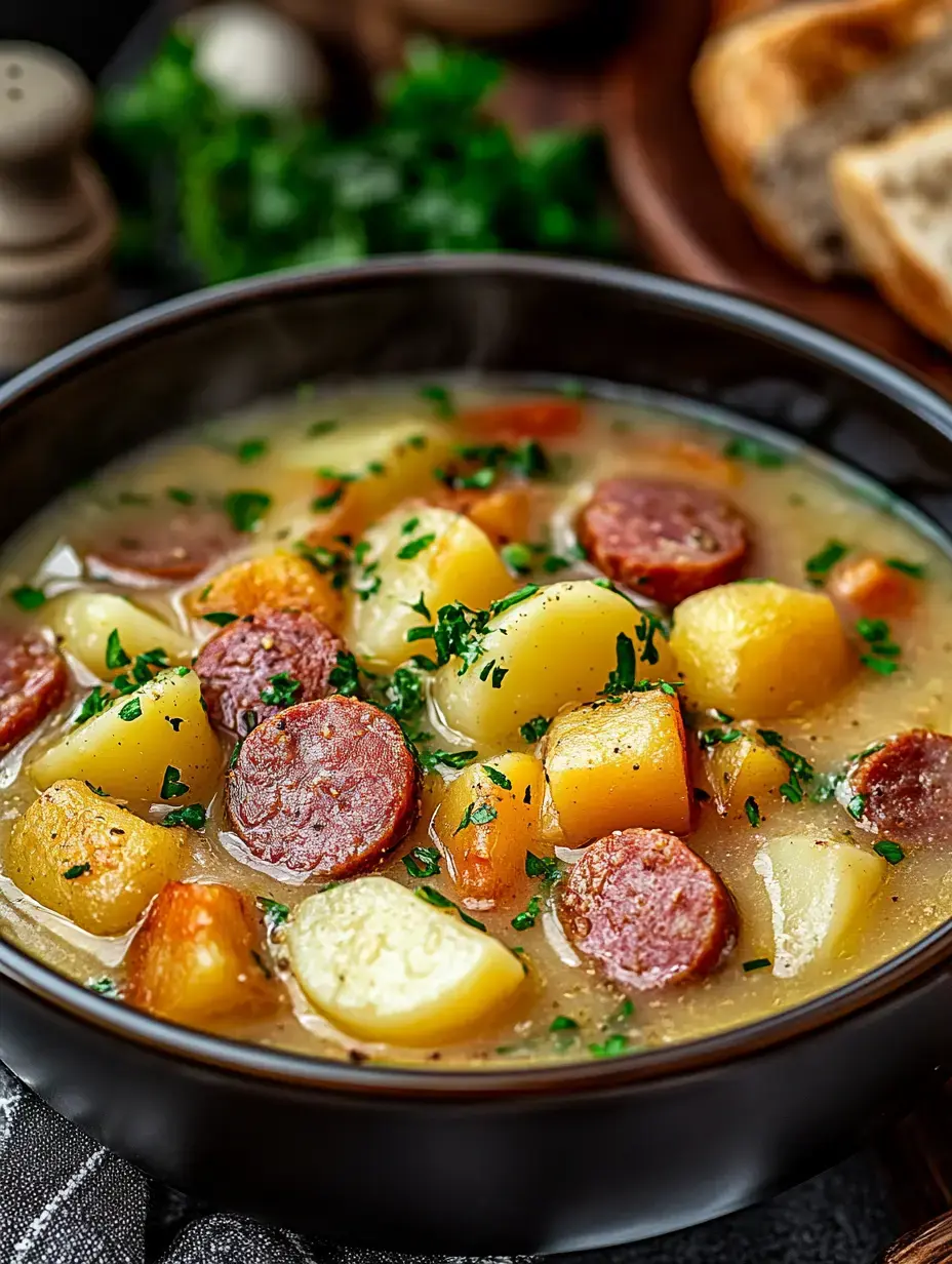 A bowl of hearty soup featuring chunks of potato and slices of sausage, garnished with fresh herbs.