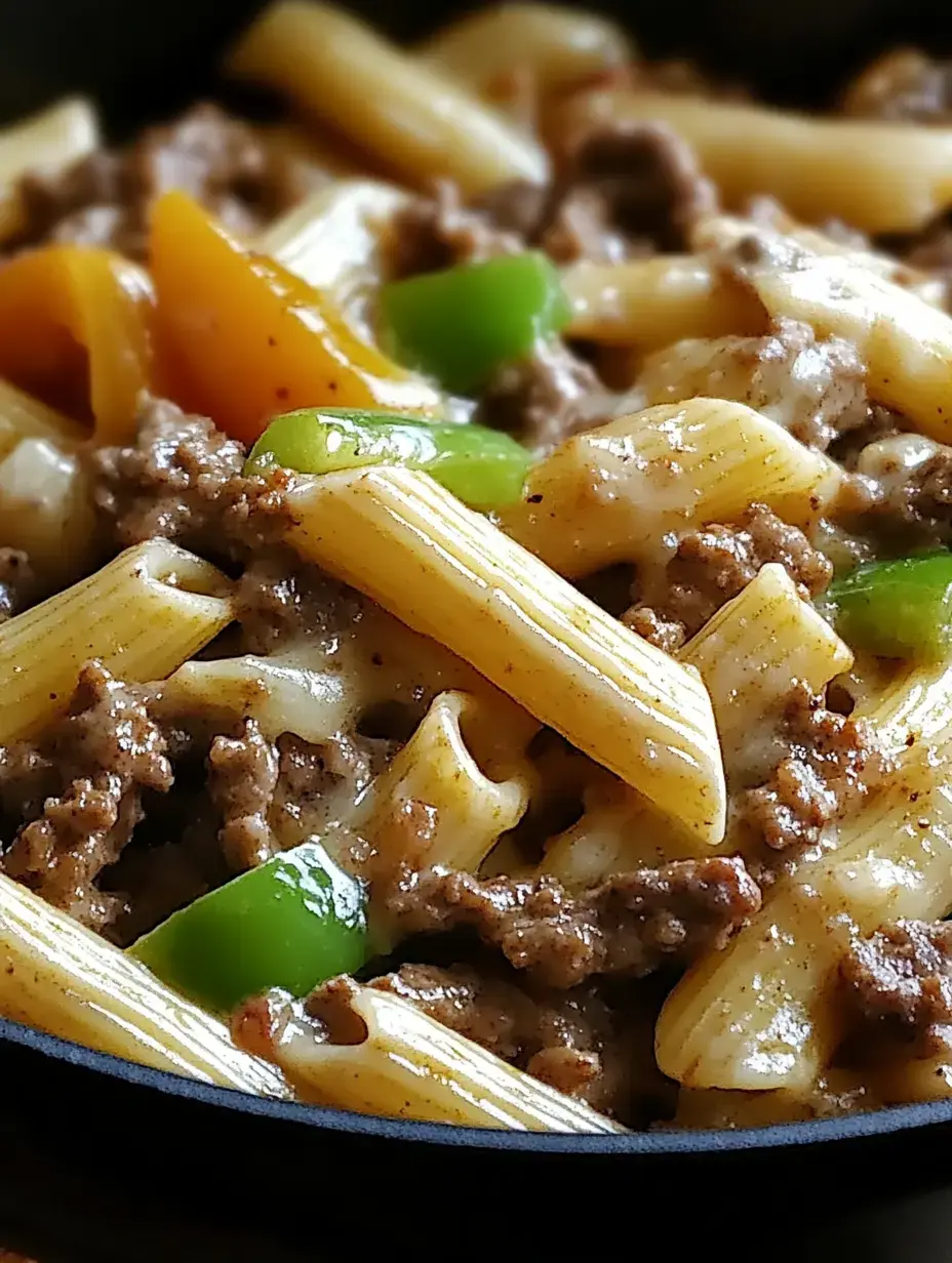 A close-up of a serving of pasta topped with ground beef, yellow and green bell peppers, and melted cheese.