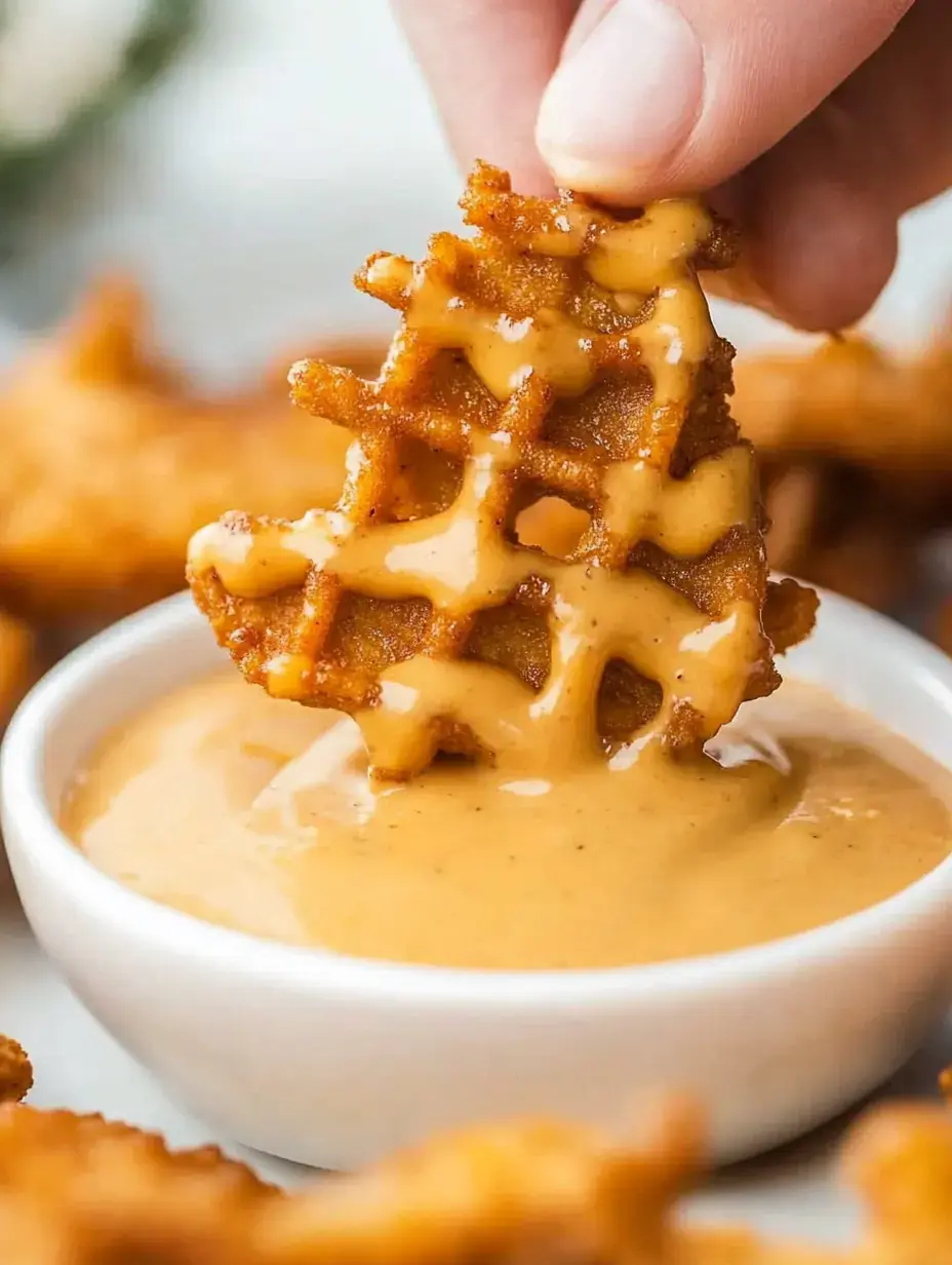 A hand holds a waffle piece being dipped into a creamy sauce in a white bowl, with additional waffle pieces in the background.