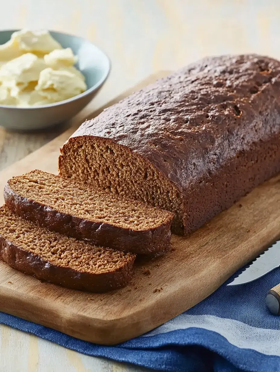 A freshly baked loaf of bread, sliced and served on a wooden cutting board, is accompanied by a bowl of butter.