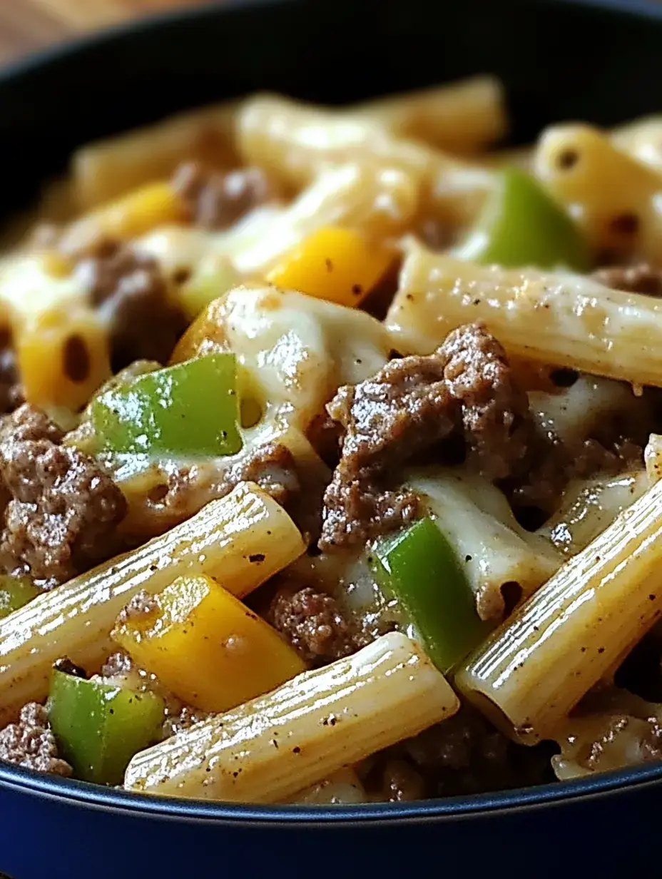 A close-up view of a pasta dish featuring rigatoni, ground beef, and colorful bell peppers, topped with melted cheese.