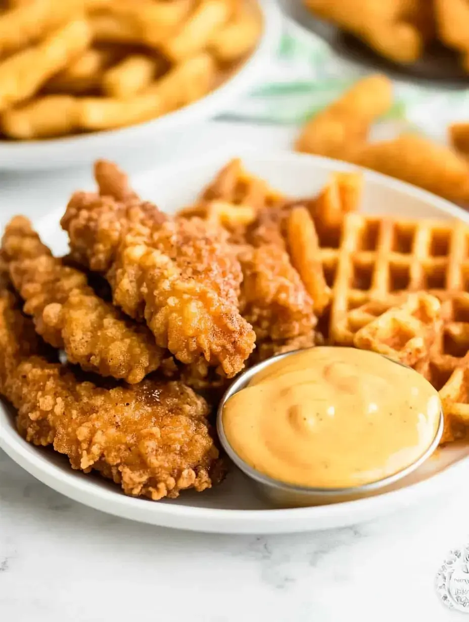 A plate of crispy fried chicken tenders served with waffles and a side of dipping sauce.