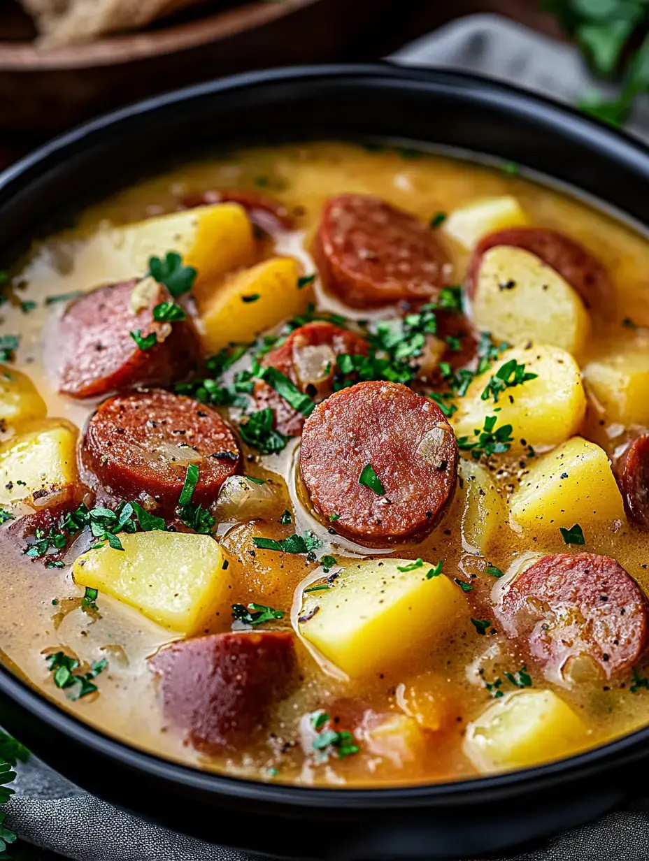 A close-up of a hearty soup featuring sliced sausage, potatoes, and parsley in a dark bowl.