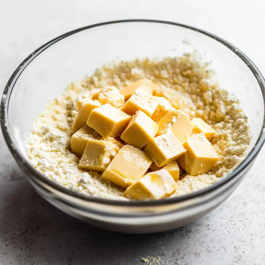 A glass bowl contains cubes of butter nestled in a mixture of flour and crumbs.