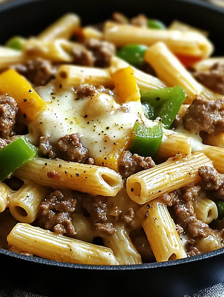 A close-up of a skillet filled with cheesy pasta mixed with ground beef and colorful bell peppers.