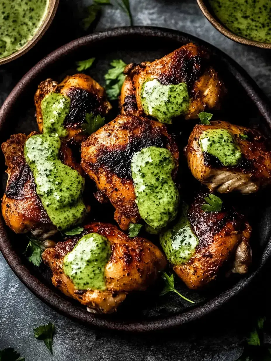 A plate of grilled chicken thighs topped with green herb sauce and garnished with fresh cilantro.