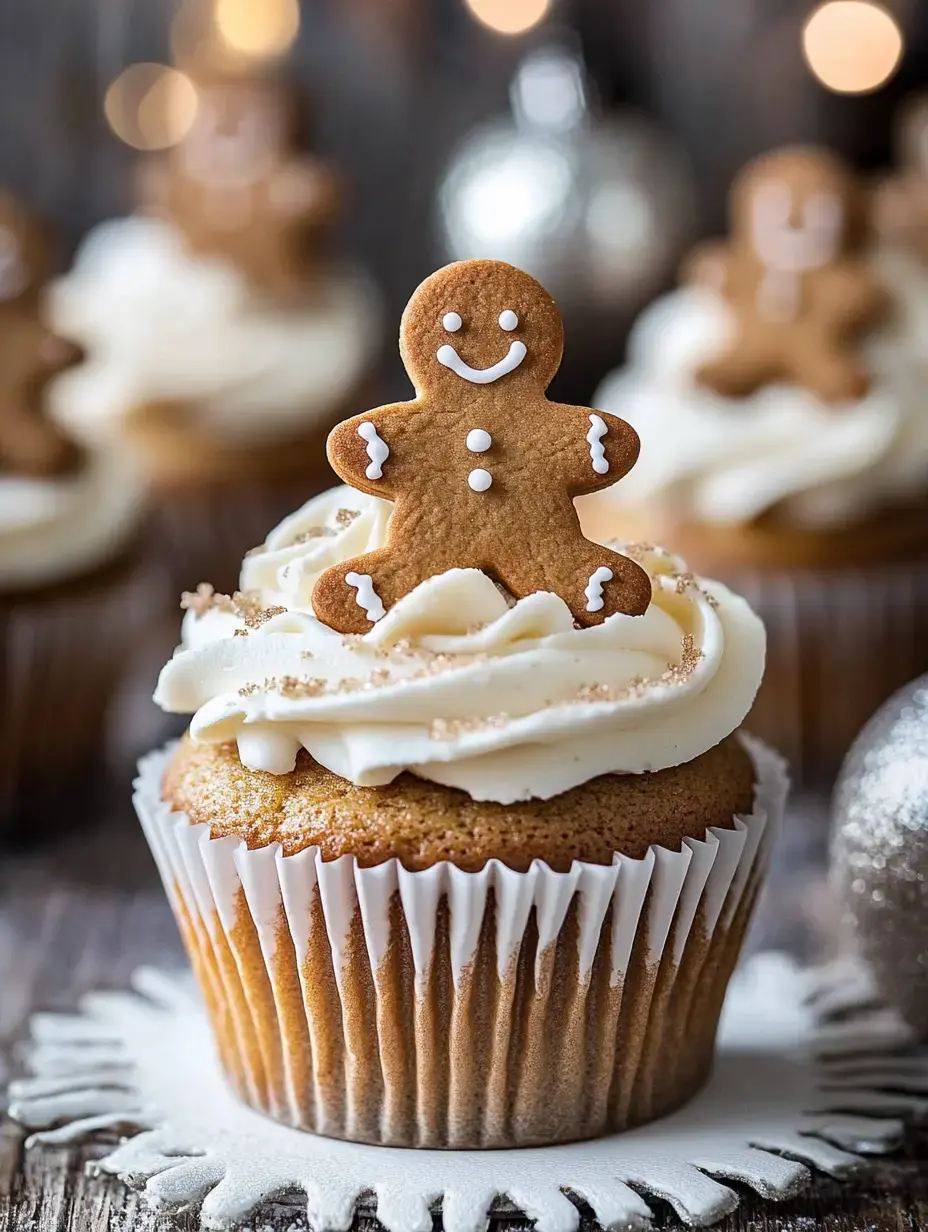 A decorated cupcake topped with white frosting and a smiling gingerbread man cookie sits on a snowflake-shaped coaster, with blurred holiday decorations in the background.