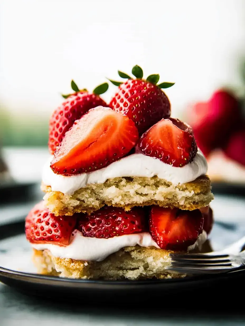 A close-up of a layered dessert featuring two cake layers topped with whipped cream and fresh strawberries.