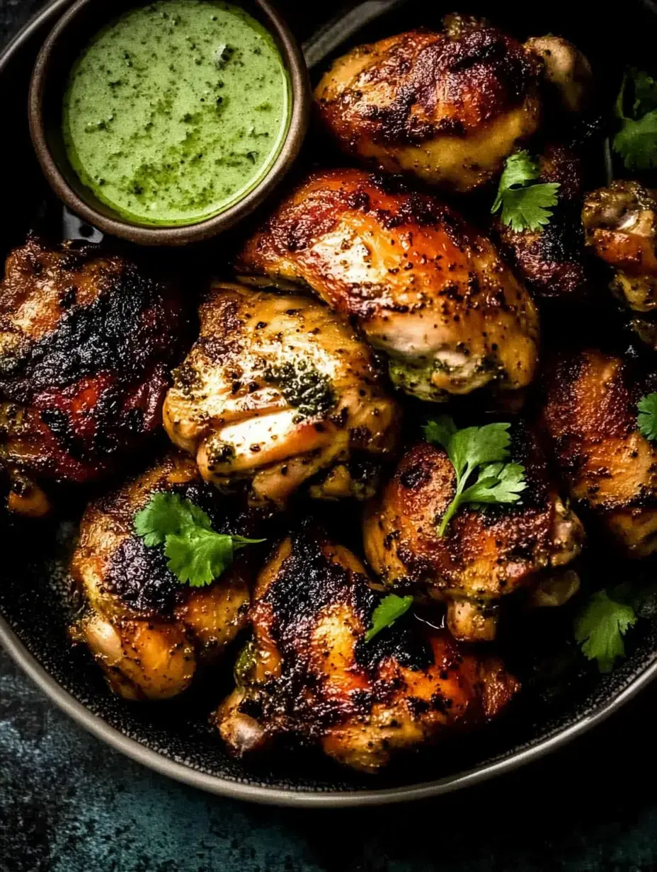 A platter of grilled chicken thighs garnished with fresh cilantro, accompanied by a bowl of green sauce.